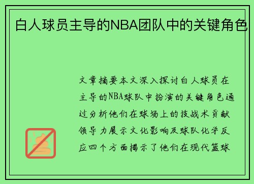 白人球员主导的NBA团队中的关键角色